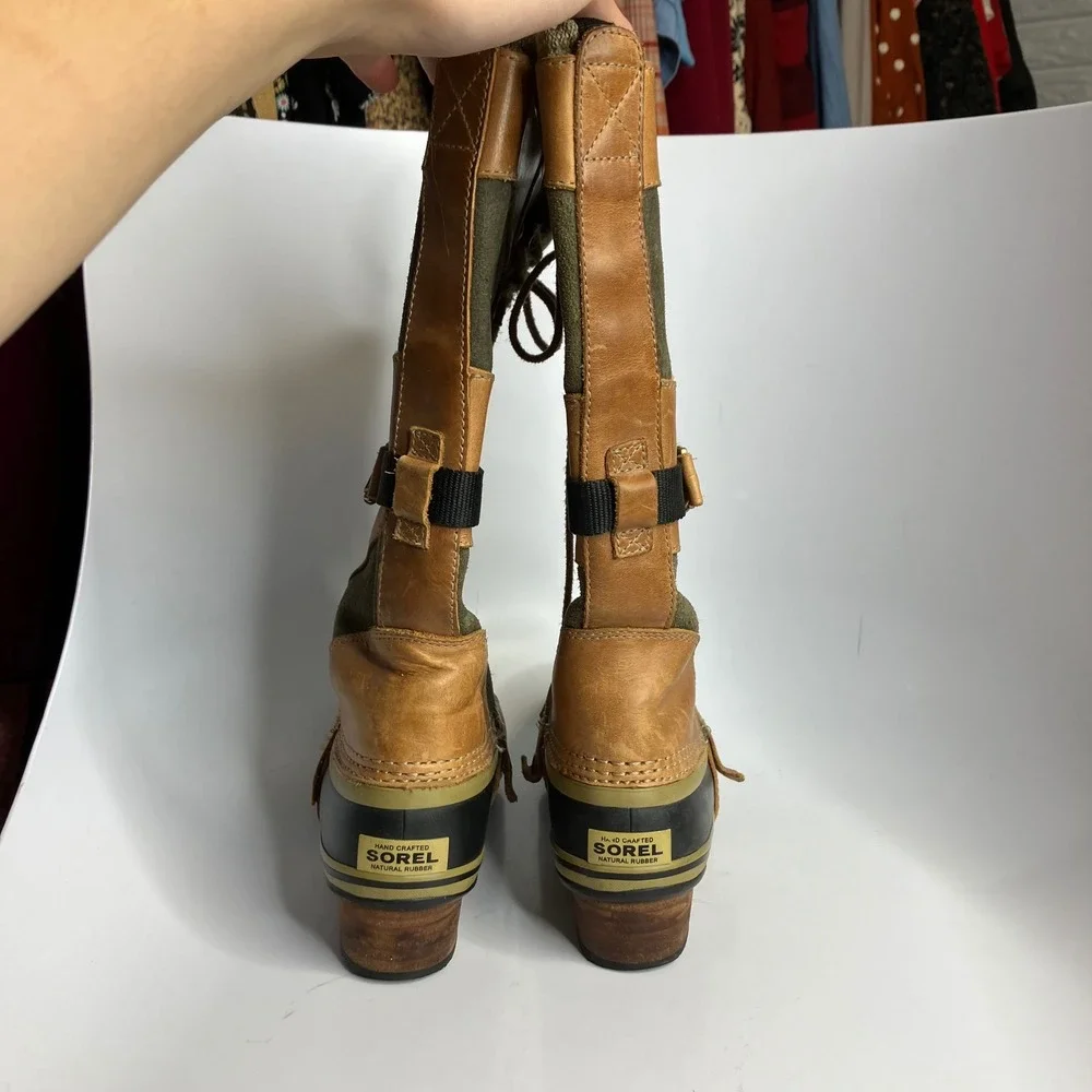 Sorel Conquest Carly tall boots tan olive green women's size 7.5 trendy winter‎